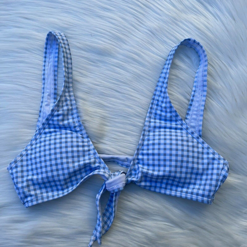 Zaful Women's Blue Gingham Style Wide Strap Bikini Top w/ Tie Front - Sz S